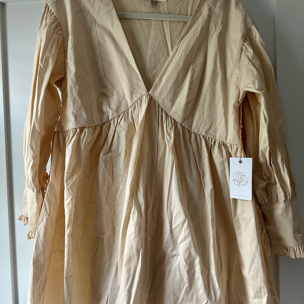 Beige V-Neck Long Sleeve Dress